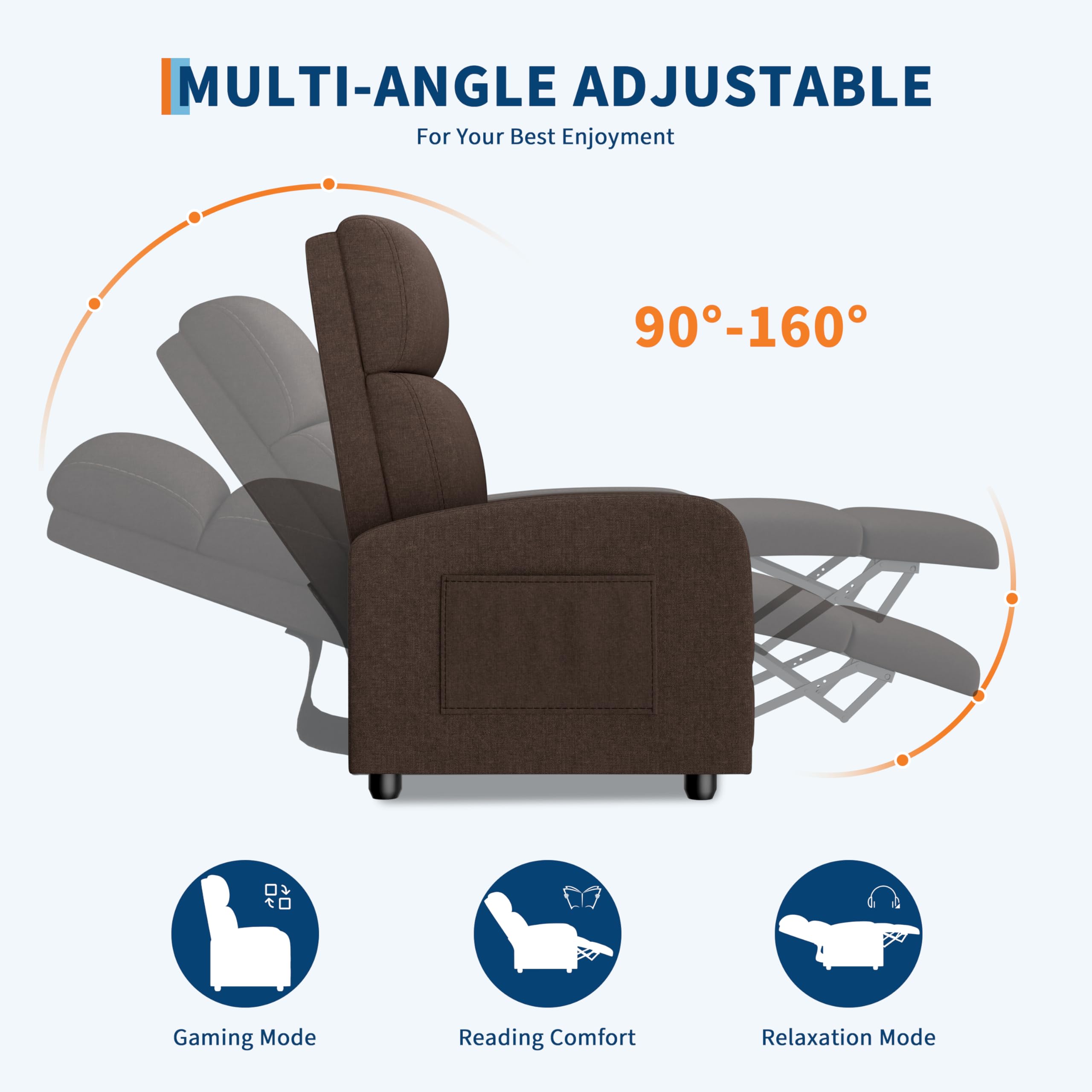 Linen Fabric Manual Recliner Chair with Side Pocket, High Backrest